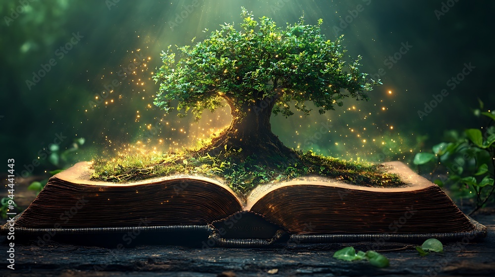 Poster a small green tree grows from an open book with magical light particles surrounding it in a dark gre