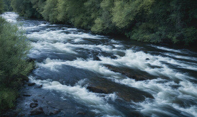 A fast-flowing river rushes through a green forest on a cloudy day