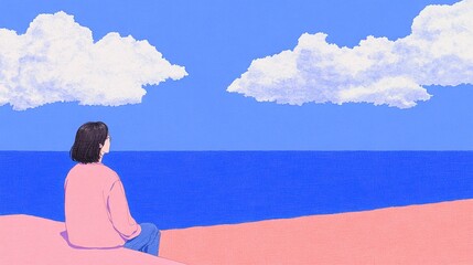 A serene woman gazes at the tranquil sea under a bright sky filled with fluffy clouds, embodying peace and contemplation.