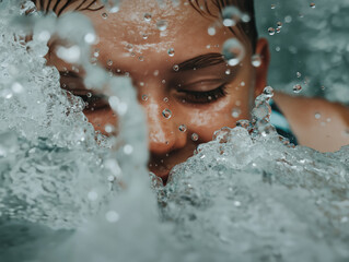 Fototapeta premium Dynamic Underwater Close-Up of a Young Swimmer Breaking Through the Water Surface