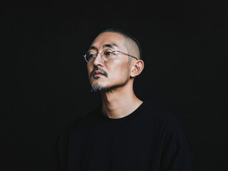 Fototapeta premium Pensive Man with Glasses in Minimalist Dark Portrait, Expressing Deep Thought