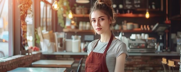 Fototapeta premium Barista smiling in a cozy, attractive coffee shop setting.