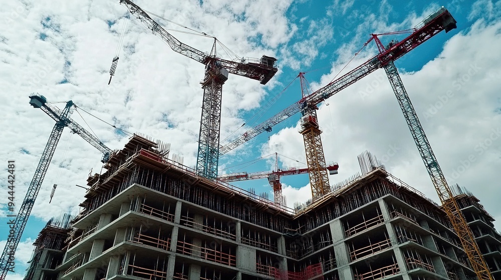 Poster a construction site with multiple cranes lifting materials to different levels of a building under c