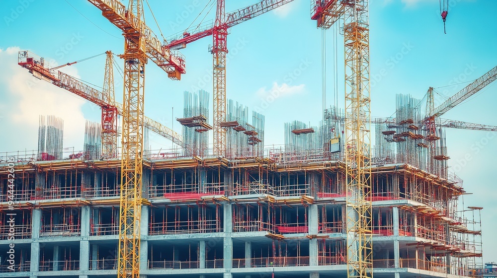 Poster a construction site with multiple cranes lifting materials to different levels of a building under c
