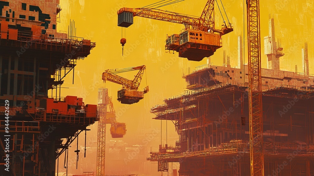 Poster a construction site with multiple cranes lifting materials to different levels of a building under c