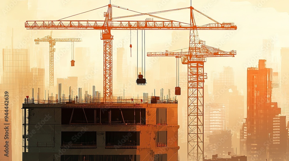 Poster a construction site with multiple cranes lifting materials to different levels of a building under c