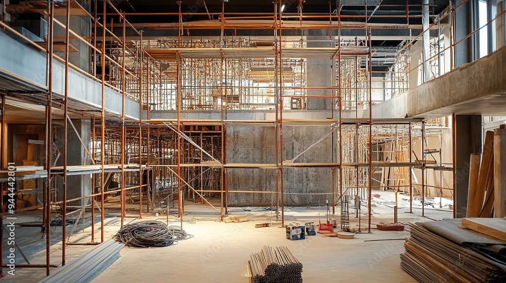 Poster a construction site with multiple levels of scaffoldings surrounding a partially built structure