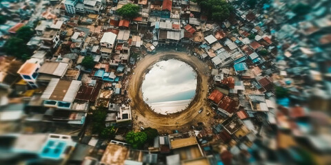 Circular Aerial Perspective Showing Densely-Packed Buildings Surrounding Central Watering Hole under Overcast Skies with Urban Mood