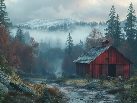 Rustic red barn in misty forest, traditional countryside style, autumn colors, foggy background, nostalgic and mysterious mood - Powered by Adobe