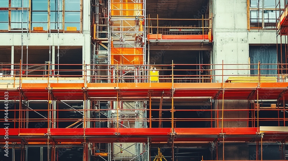 Poster a construction site with scaffoldings and safety barriers in place around a partially built structur