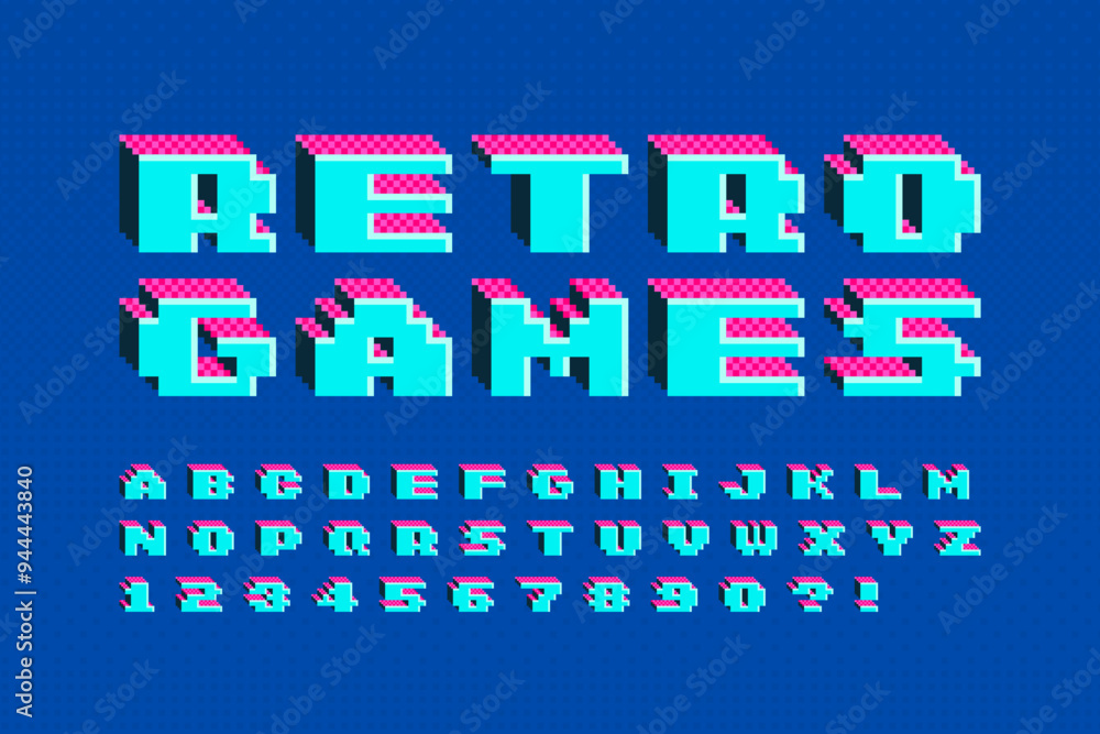 Poster pixel vector alphabet design, stylized like in 8-bit games. high contrast and sharp, retro-futuristi