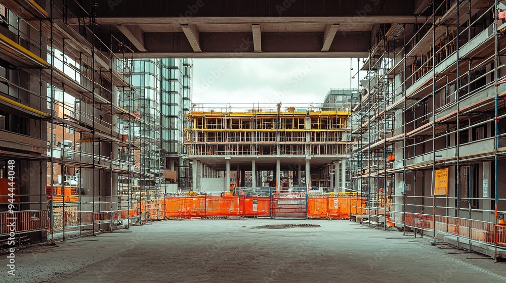 Poster a construction site with scaffoldings and safety barriers surrounding a large building under constru