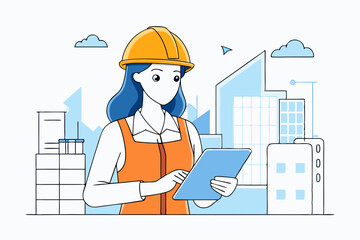 A minimalist line art illustration of a woman construction worker wearing a helmet and looking at a tablet, showcasing modern technology in construction
