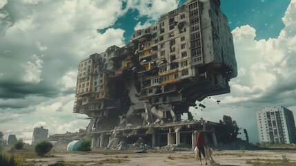 Fototapeta premium A surreal, collapsing brutalist building towers over a desolate landscape with a single figure in red observing the scene