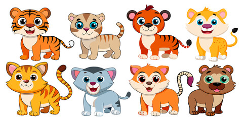 Obraz premium set of cartoon animals tiger, transparent white background