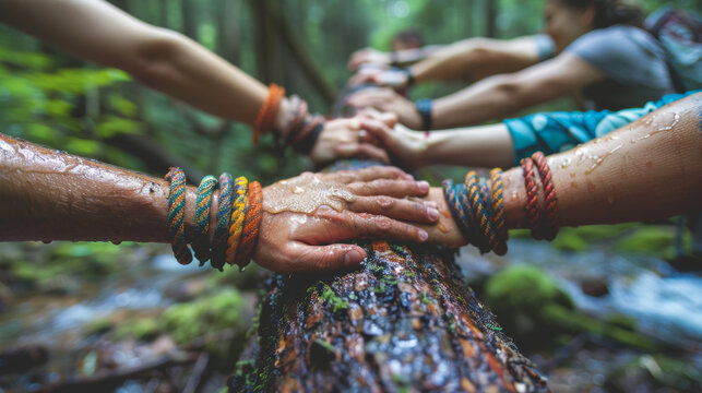 Teamwork and unity as people join hands to cross a forest ravine