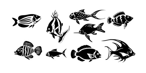 Obraz premium set of icons, exotic fish, transparent white background