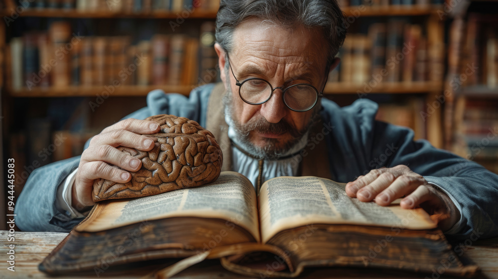 Poster man reading a book with a brain model in a library