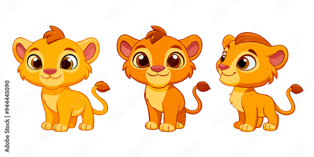 Poster set of cartoon lion cub with big expressive eyes, transparent white background