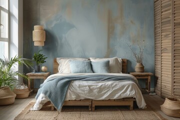 Cozy bedroom interior with mockup space on the wall
