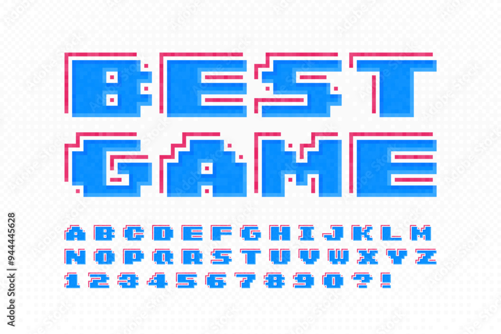 Aufkleber pixel vector alphabet design, stylized like in 8-bit games. high contrast and sharp, retro-futuristi
