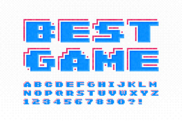 Pixel vector alphabet design, stylized like in 8-bit games. High contrast and sharp, retro-futuristic.