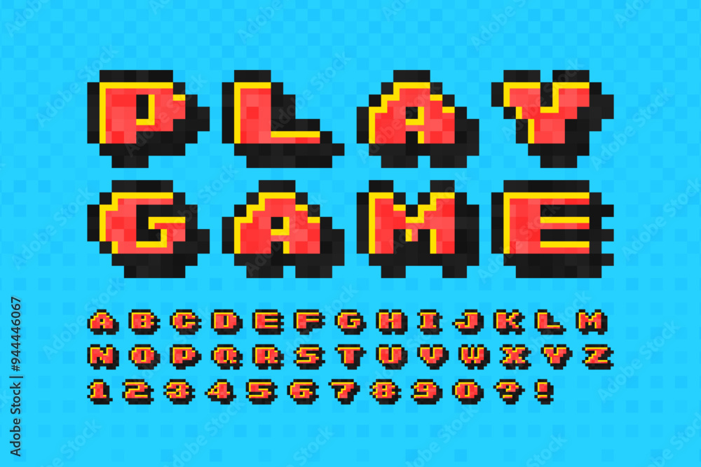 Poster pixel vector alphabet design, stylized like in 8-bit games. high contrast and sharp, retro-futuristi