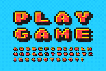 Pixel vector alphabet design, stylized like in 8-bit games. High contrast and sharp, retro-futuristic.