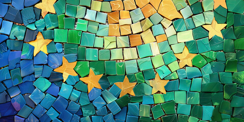 A mosaic of colorful tiles in greens, blues, and golds, forming the shape of a European flag.