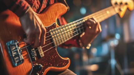Fototapeta premium A bass guitar resting against an amplifier, with stage lights casting a shadow.