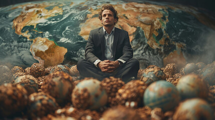 Businessman sitting among globes contemplating world economy and globalization