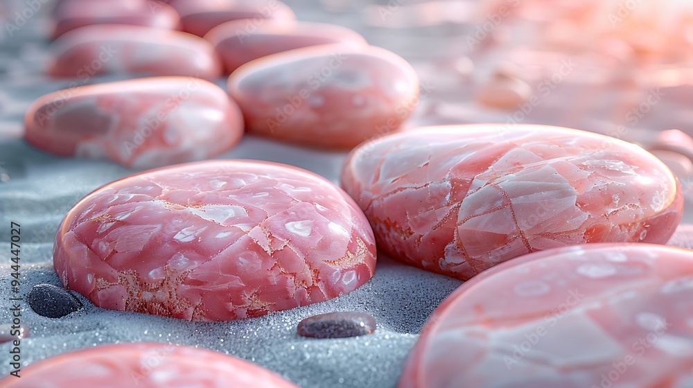 Poster a row of smooth, pink stones with intricate patterns rest on a bed of white sand. the stones are arr