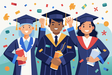 Illustration of a diverse group of graduates, dressed in their graduation attire, posing with their diplomas and caps amidst confetti, representing academic accomplishment and celebration. 
