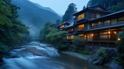 Fototapeta premium Traditional ryokan by a serene river in the mountains