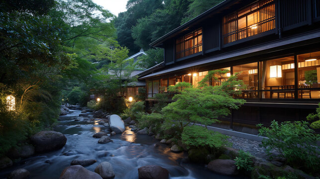 Traditional ryokan by a serene river in the mountains