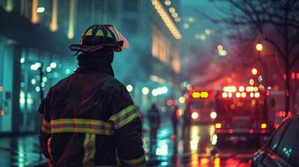Fototapeta premium Firefighter in gear at night with emergency lights and fire truck.