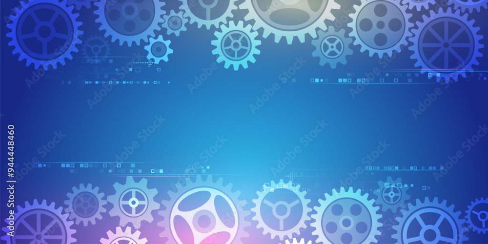 Poster The mechanism consisting of gears on a blue background for the presentation. Cogwheel for science experiment presentation. Futuristic high tech concept. Business and industry internet banner.