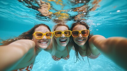Fototapeta premium Three friends enjoying a sunny day swimming underwater in a pool while wearing bright yellow sunglasses during summertime