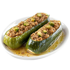 Delicious zucchini boats stuffed with seasoned ground meat and veggies, presented on a clean white plate, ideal for a nutritious and tasty dish