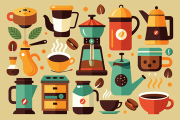 A set of ten illustrations displaying various coffee brewing methods and related utensils, capturing diverse styles and traditions of coffee preparation.
