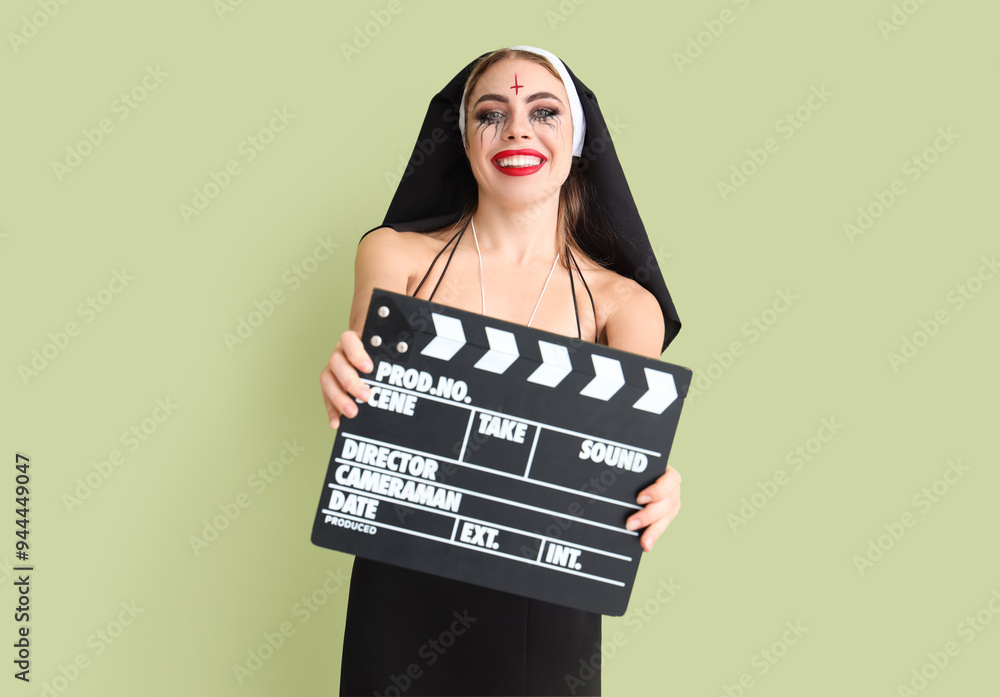 Poster beautiful young woman dressed for halloween as nun with clapperboard on green background