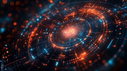 Obraz premium Abstract technology background with geometric circles and dots, simple vector illustration of abstract shapes in orange on a dark blue background design 