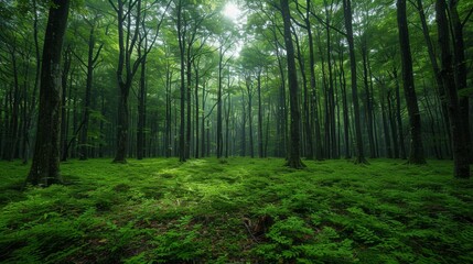 Serene view of lush green forest in Japan's Aokigahara