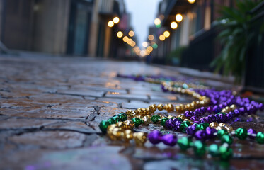 Gold, green and purple Mardi Gras beads lying on the ground after Mardi Gras 