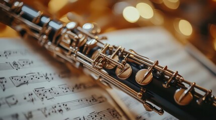 Obraz premium Clarinet resting on a music stand, with sheet music in the background, Elegant, Warm, Detailed