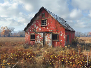 Rustic red barn with peeling paint in overgrown meadow, autumn trees, cloudy sky, and nostalgic rural countryside mood