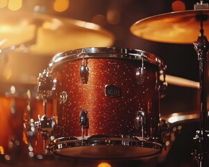 Obraz premium Drum set in a studio, with drumsticks and a focus on rhythm and energy, Dynamic, Bright, High Energy
