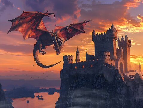Powerful dragon flying over an ancient castle at sunset
