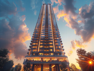 Modern skyscraper at sunset with towering structure, illuminated by warm lights and surrounded by soft clouds in the sky, evoking a sense of grandeur and modernity