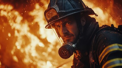 Firefighter with a hose, battling a fire with determination and strength, Brave, Intense, High Energy